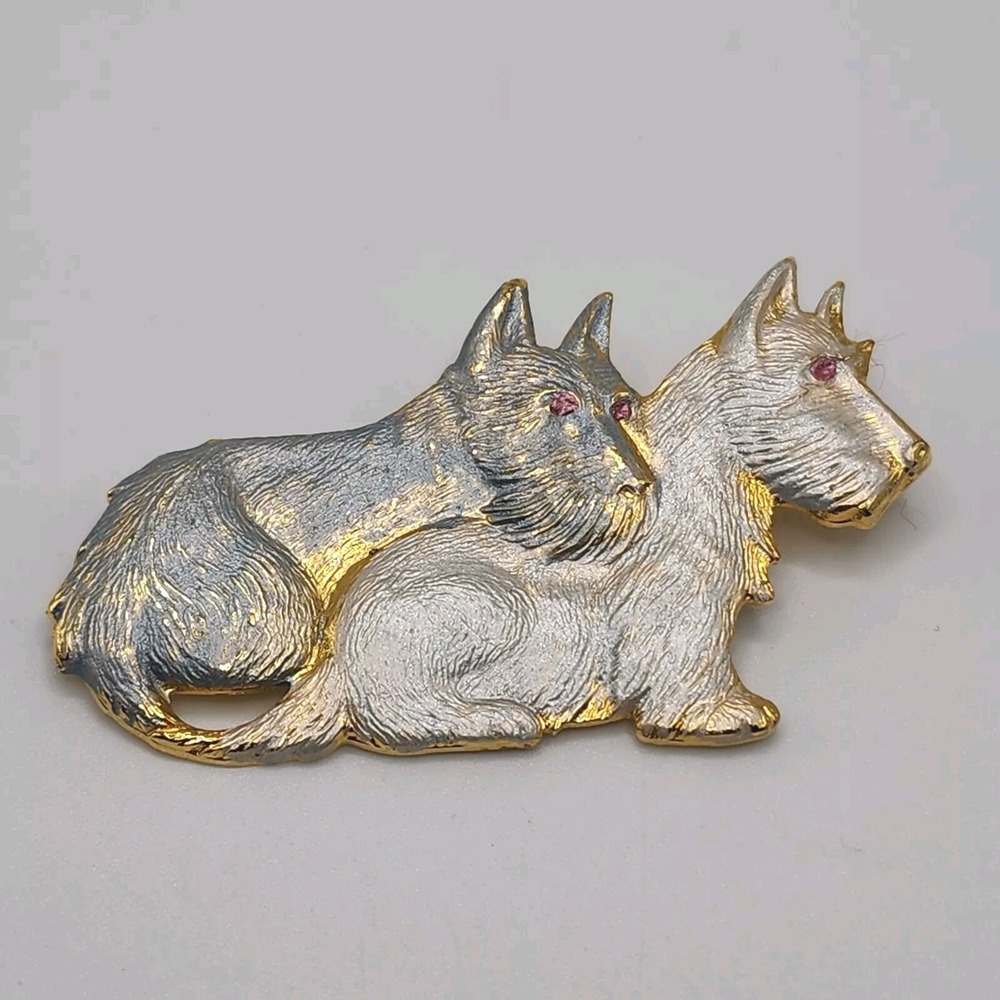 Vintage Scotty Dog Scottish Terrier Pair Collectible Metallic Gold Tone Gift Pin